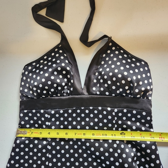 Vintage 1990s Black Polka Dot Satin Halter Dress Tulle Rockabilly Size Medium - Picture 12 of 14